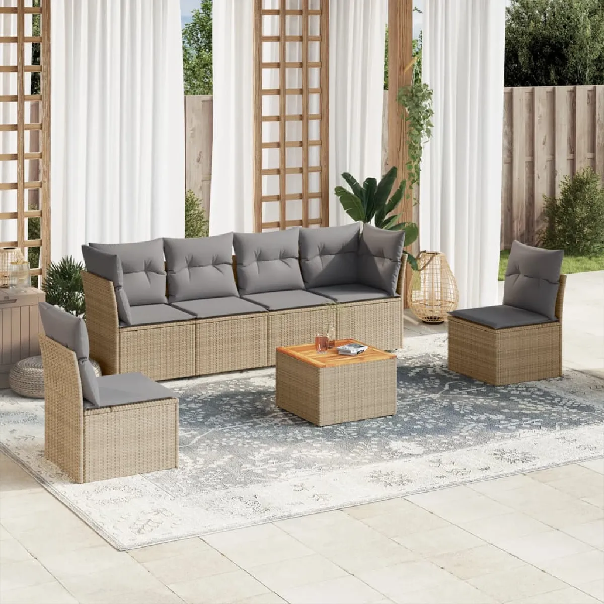 VIDAXL - Salon de jardin modulable - Rotin - Beige - 7 pièces - Image 3