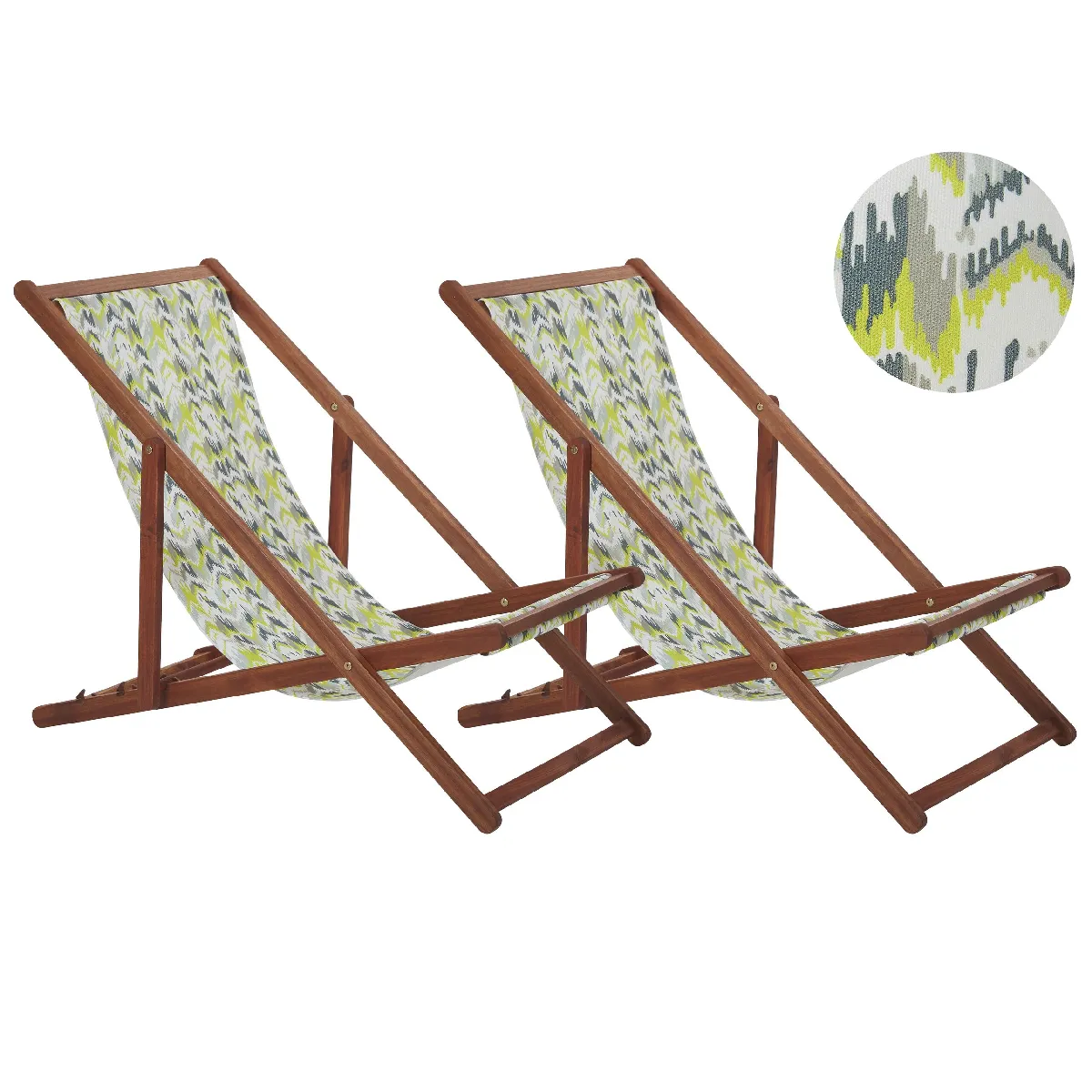 BELIANI Lot de 2 chiliennes en bois fonc&eacute; et tissu zigzag jaune et gris ANZIO