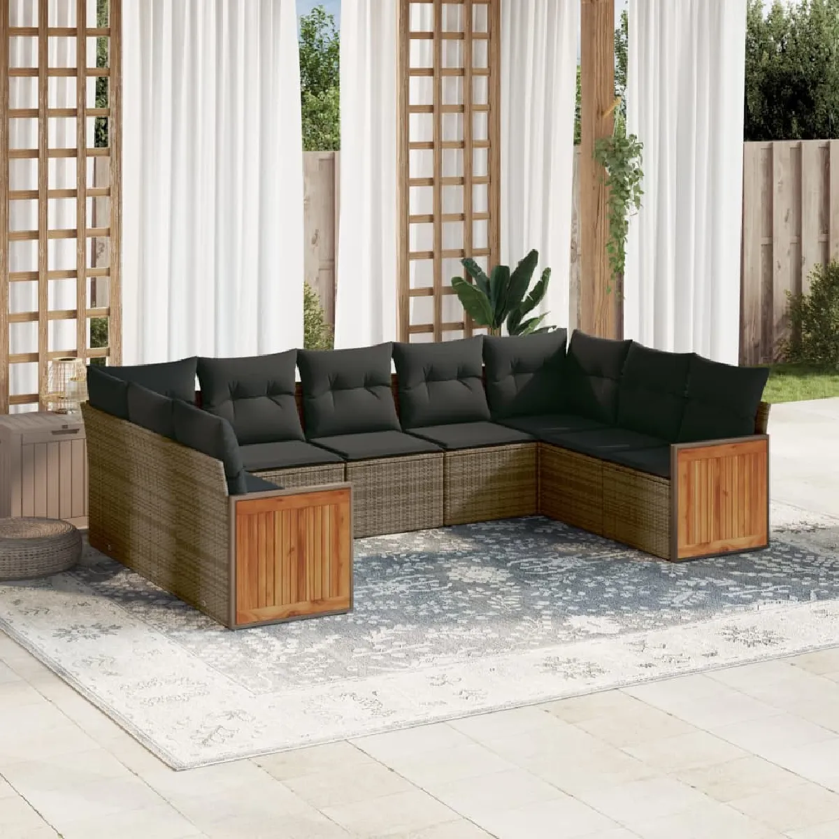 Non Communiqué Gris Vidaxl Salon De Jardin Avec Coussins 9 Pcs, Canapés De Patio, Ensemble De Meubles, Mobilier De Terrasse Extérieur, 3260359 - Image 3