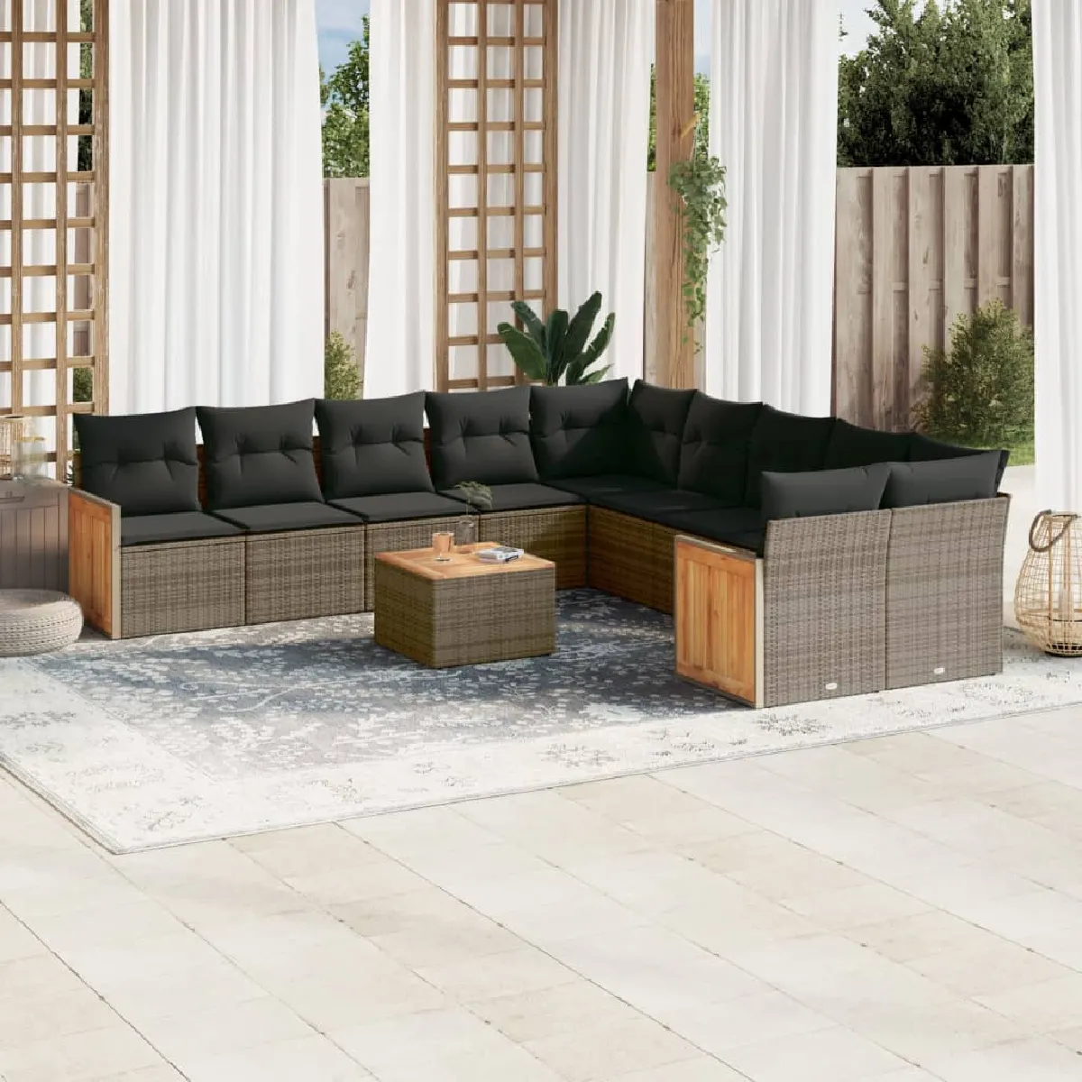 VIDAXL  Salon de jardin 11 pcs - Gris r&eacute;sine tress&eacute;e