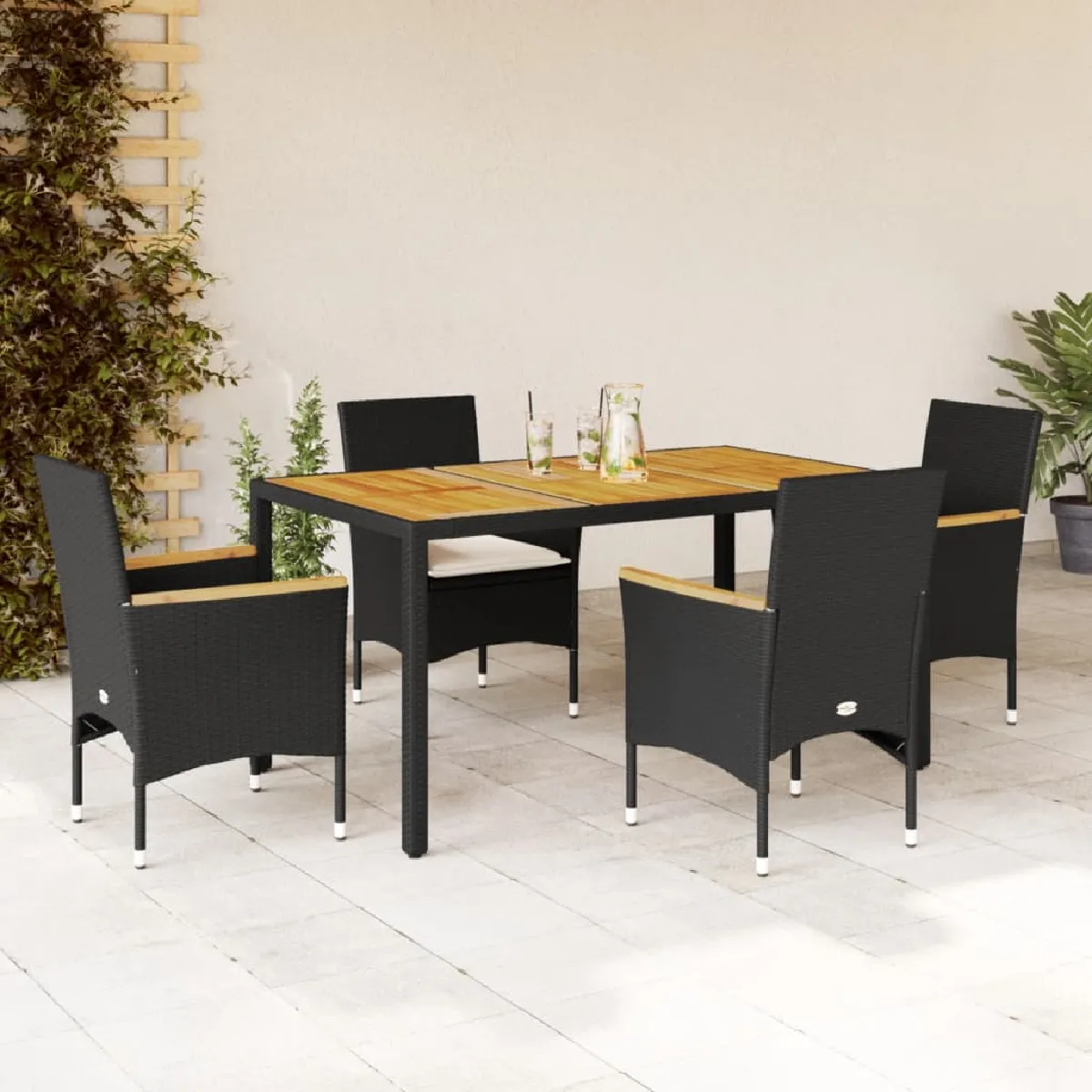 Non Communiqué Noir Vidaxl Ensemble À Manger De Jardin Et Coussins 5 Pcs Rotin Acacia, Ensemble De Salle À Manger D'extérieur, Meuble De 3278629 - Image 3
