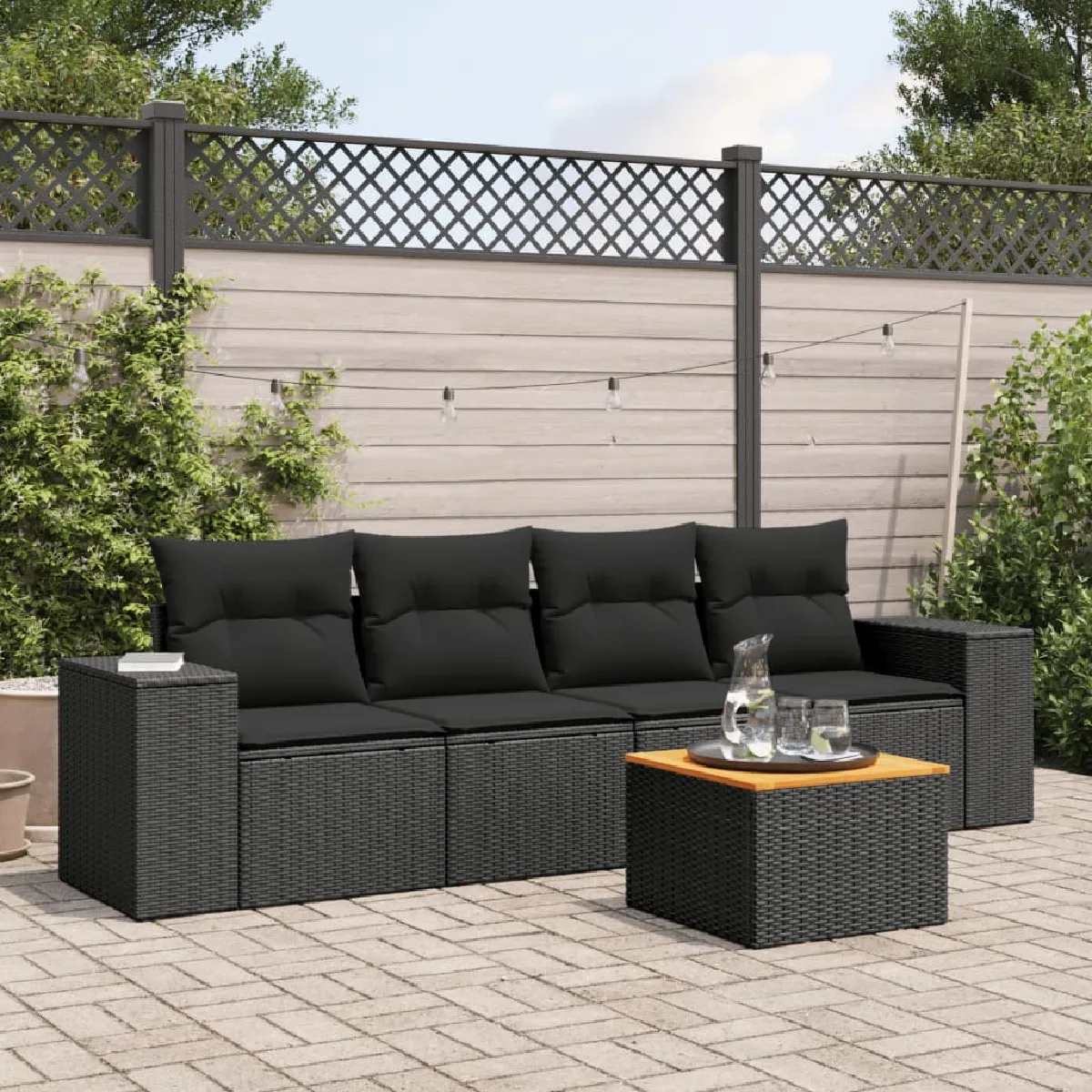 vidaXL Salon de jardin 5 pièces - Noir - Résine tressée