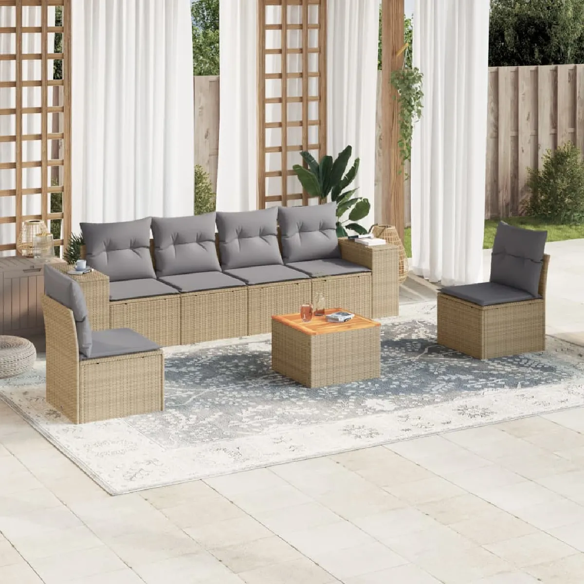 VIDAXL  Salon de jardin 7 pcs - Beige r&eacute;sine tress&eacute;e