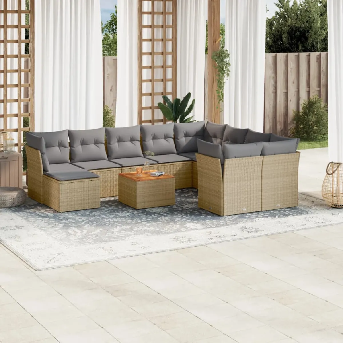 VIDAXL Salon de jardin modulable resine tressee 11 pieces beige 62 x 62 x 69 cm 10 personnes