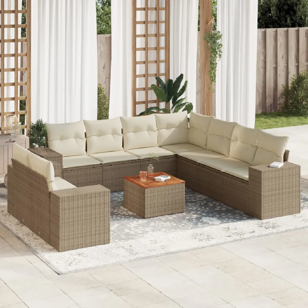 10 pieces 9 personnes resine tressee beige 62 x 62 x 69 salon de jardin modulable 