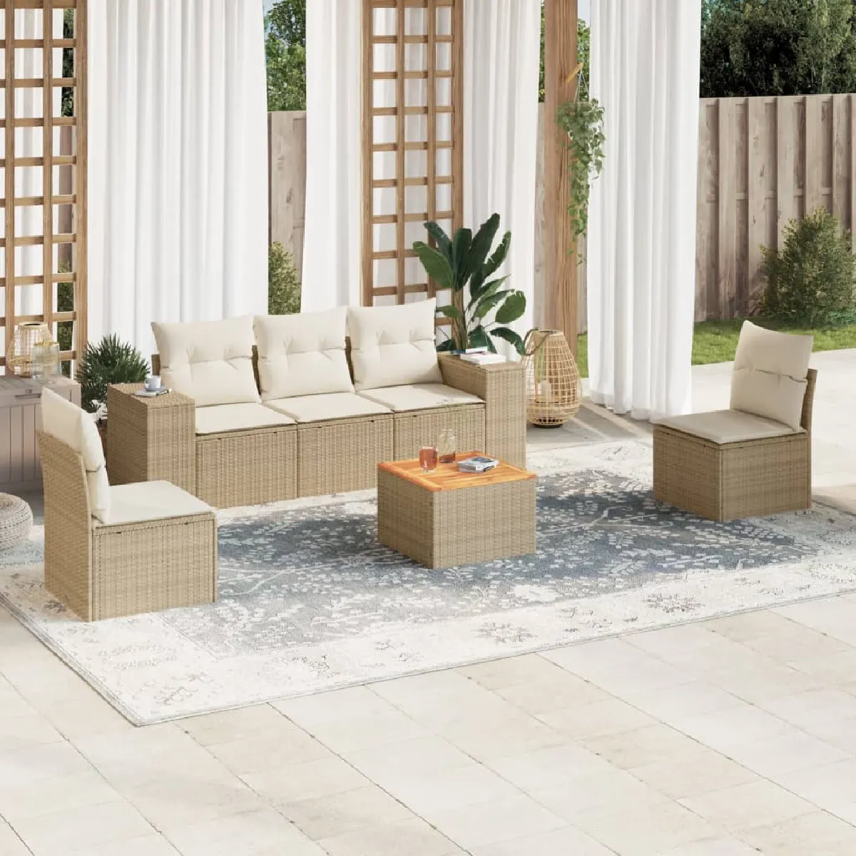Salon de jardin 6 pièces - Coussin beige - Résine tressée
