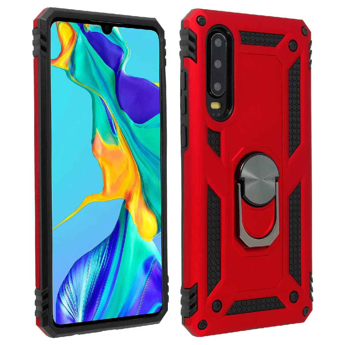 Avizar Rouge Coque Pour Huawei P30 Bi Matières Bague Support Vidéo