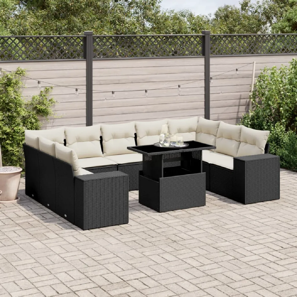 vidaXL Salon de jardin 10 pcs avec coussins résine tressée - Noir