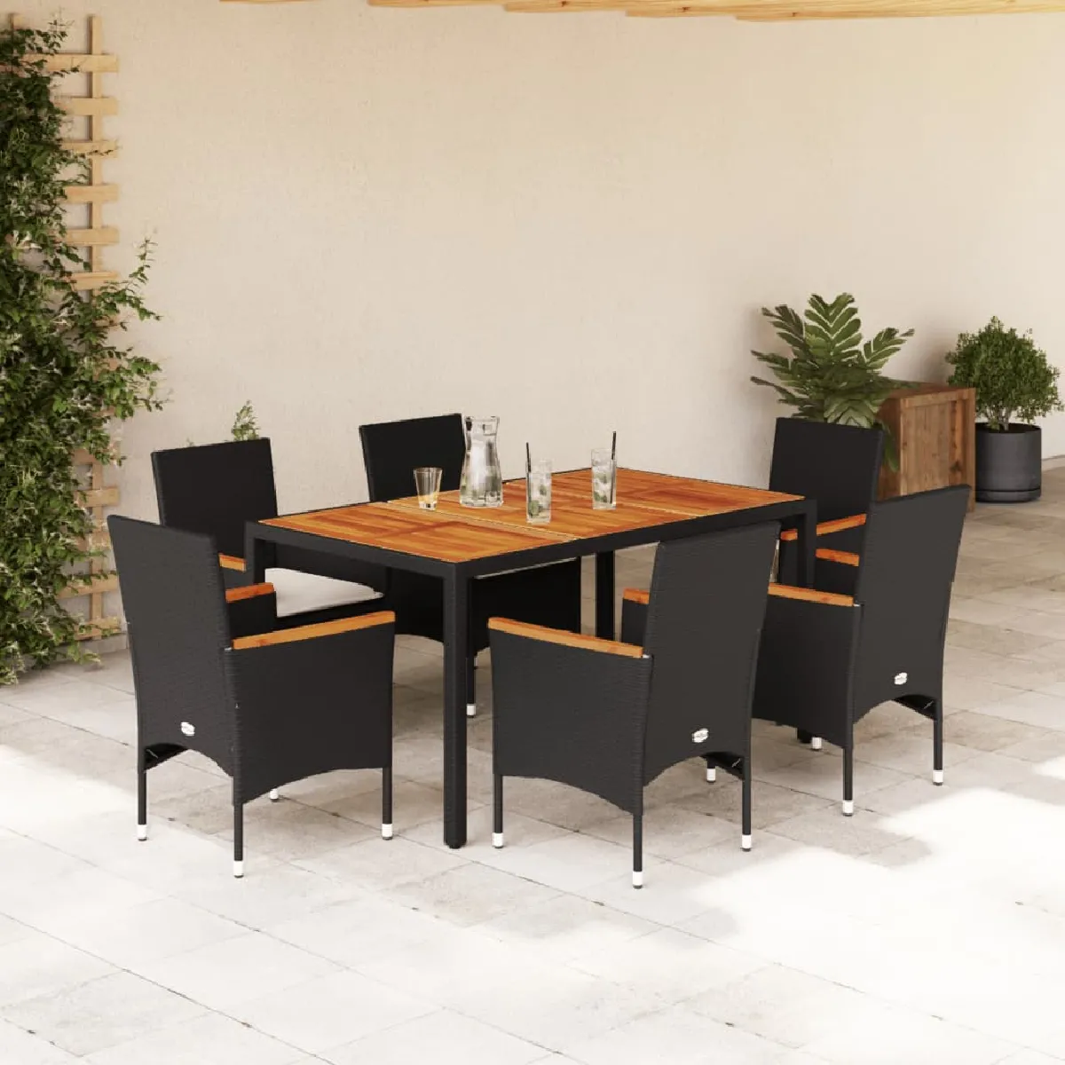 Vidaxl Noir Ensemble À Manger De Jardin 7 Pcs - Rotin Acacia