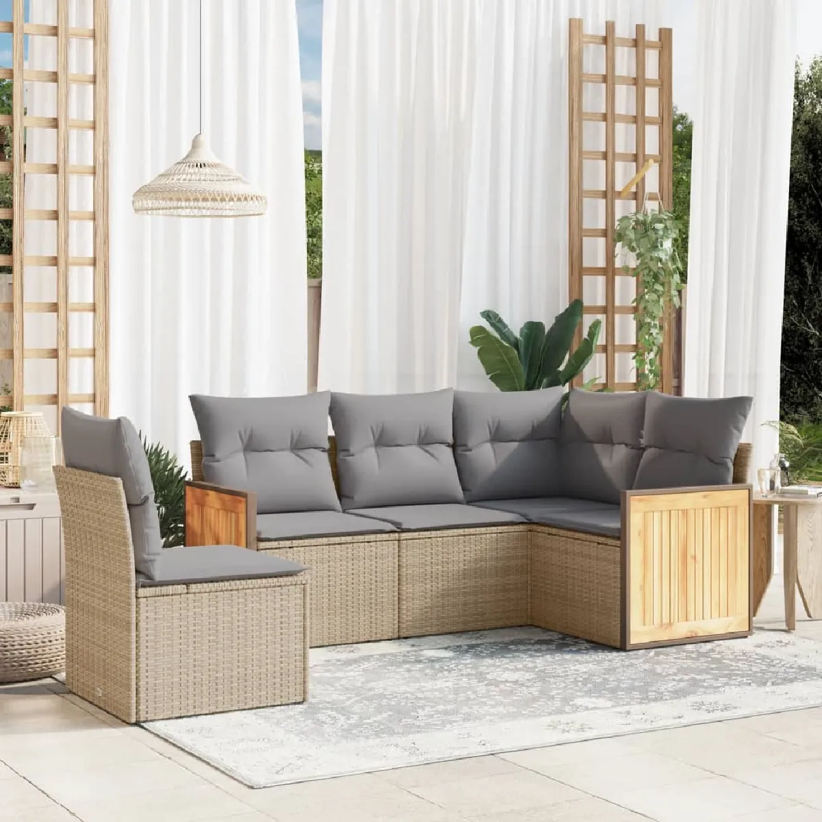 VidaXL Salon de Jardin 5 Pcs avec Coussins - Beige - Résine Tressée