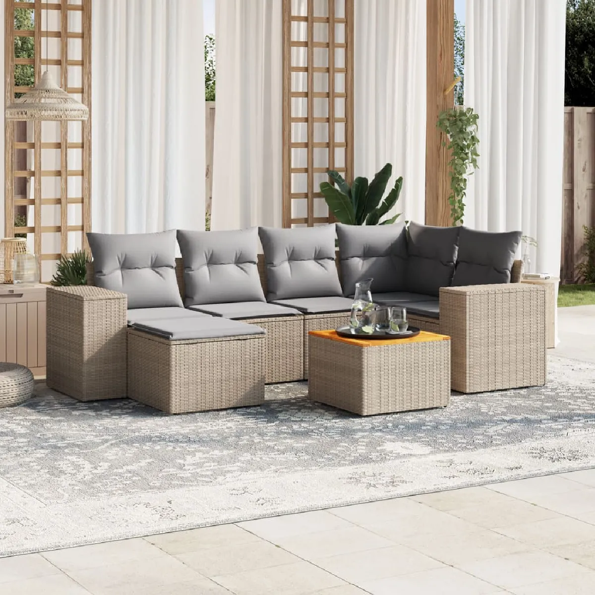 Vidaxl Beige Salon De Jardin Modulable - Lot De 7 Pieces - Rotin - 6 Personnes - Image 3