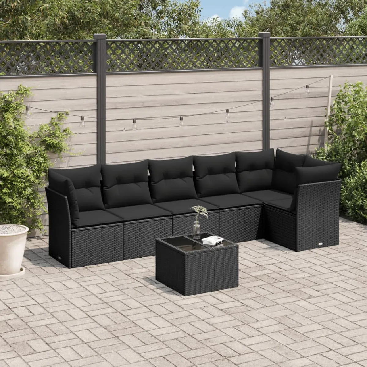 Salon de jardin vidaXL 7 pièces Résine tressée Coussins noirs