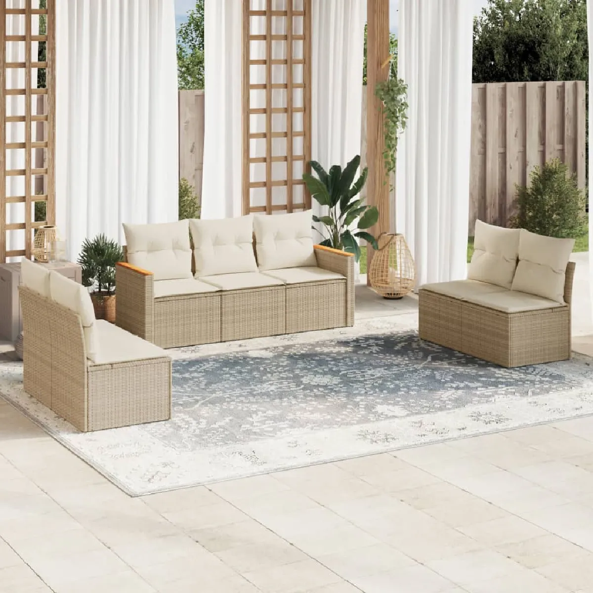 Salon de jardin vidaXL 7 pcs - Résine tressée beige