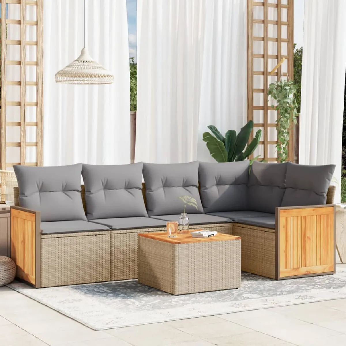 Non Communiqué Beige Salon De Jardin Modulable Vidaxl Rotin 5 Personnes 6 Pieces - Image 3