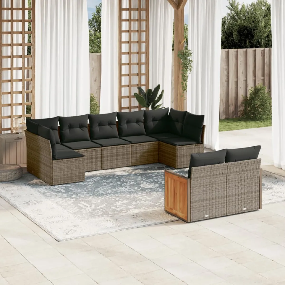 vidaXL Salon de jardin 9 pcs avec coussins gris résine tressée