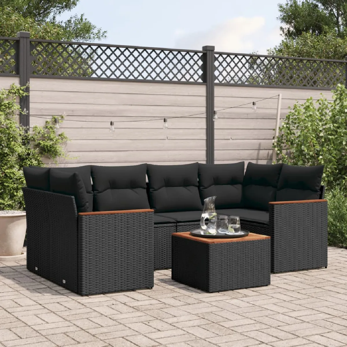 vidaXL Salon de jardin 7 pcs Coussins noirs résine tressée - vue 2
