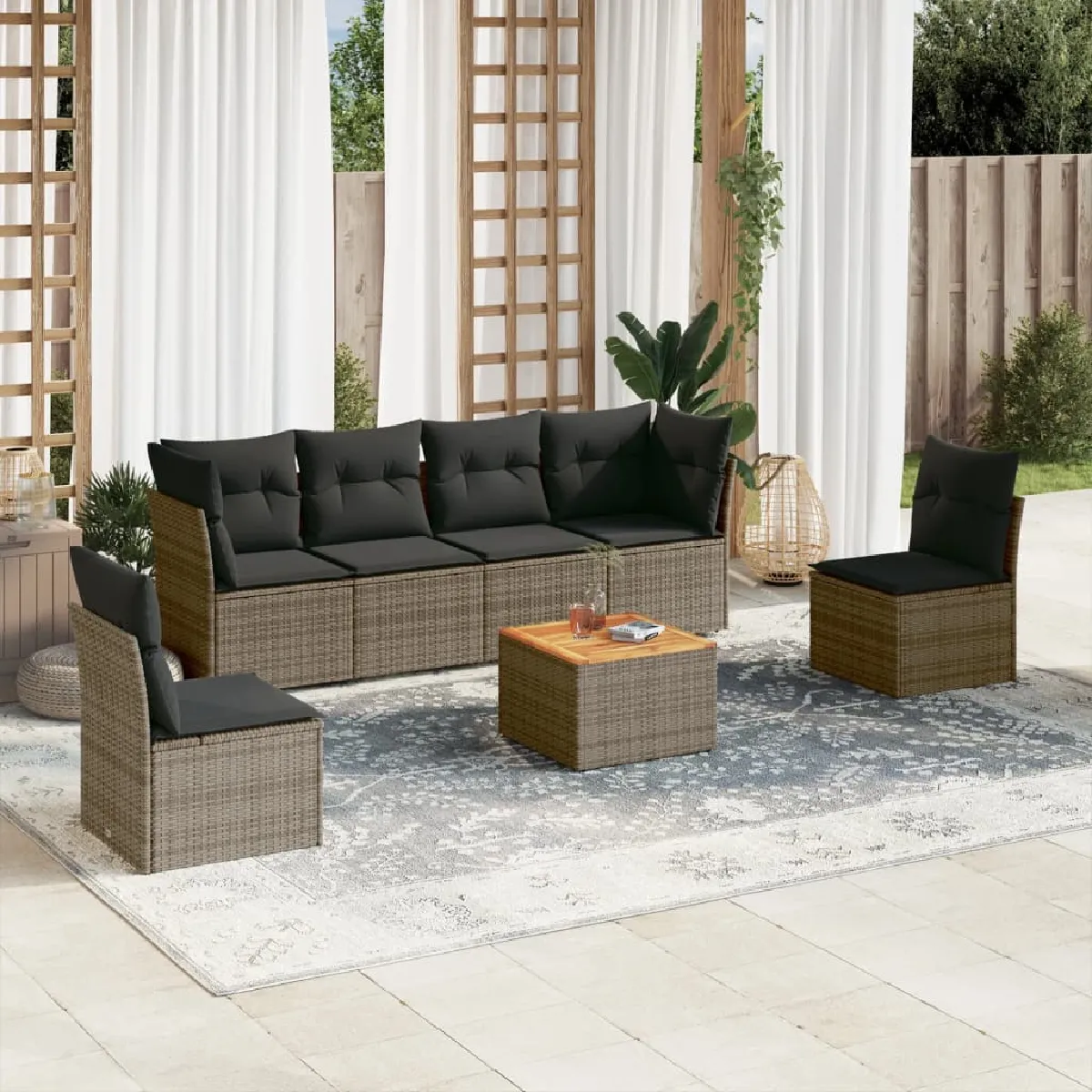 vidaXL Salon de jardin 7 pcs gris - Résine tressée