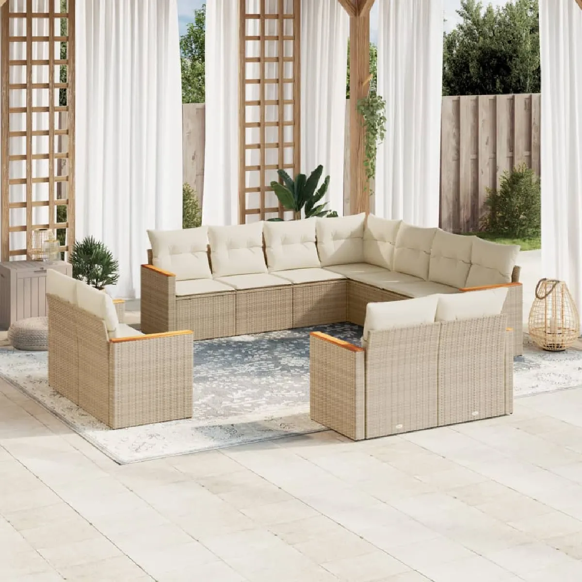 VIDAXL  Salon de jardin 11 pcs avec coussins - Beige r&eacute;sine tress&eacute;e