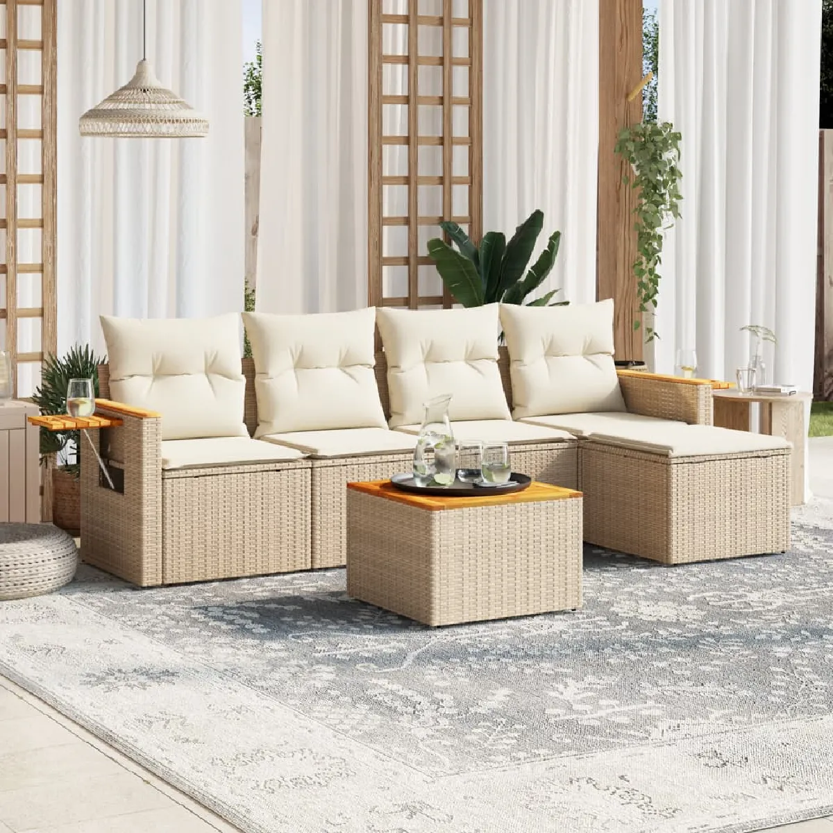 Salon de jardin modulable VIDAXL rotin beige 6 pieces 5 personnes