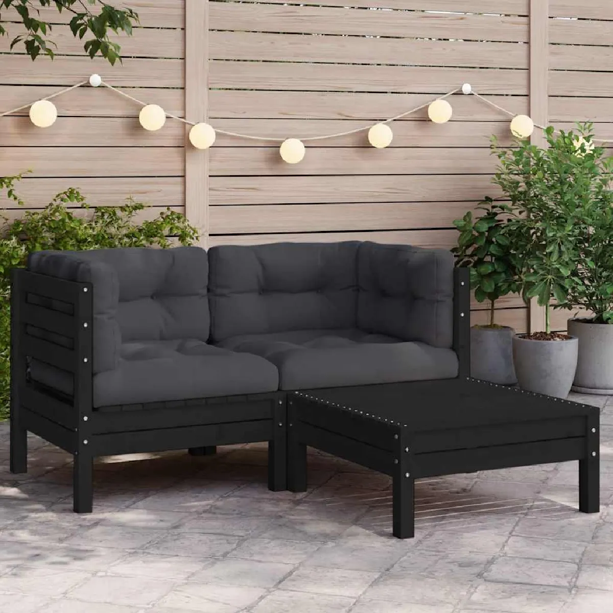 vidaXL Salon de jardin 3 pcs avec coussins Noir
