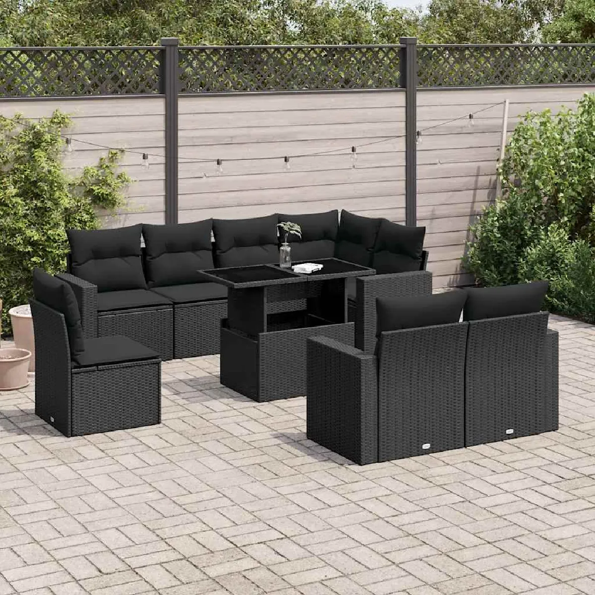 vidaXL Salon de jardin 9 pcs Coussins noirs