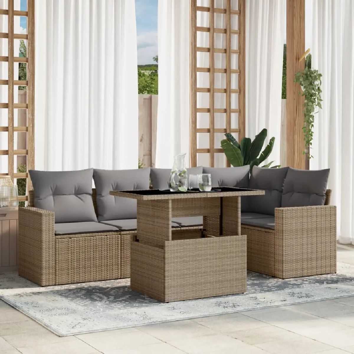 vidaXL Salon de jardin 6pcs - Résine tressée - Beige