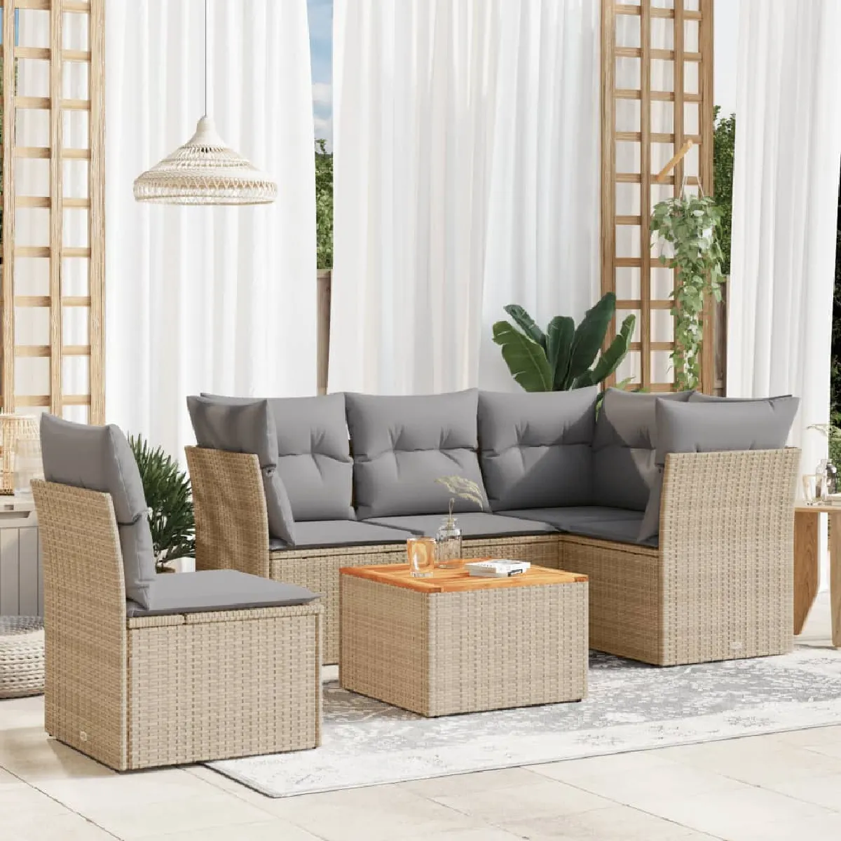 Salon de jardin avec coussins 6 pcs résine tressée