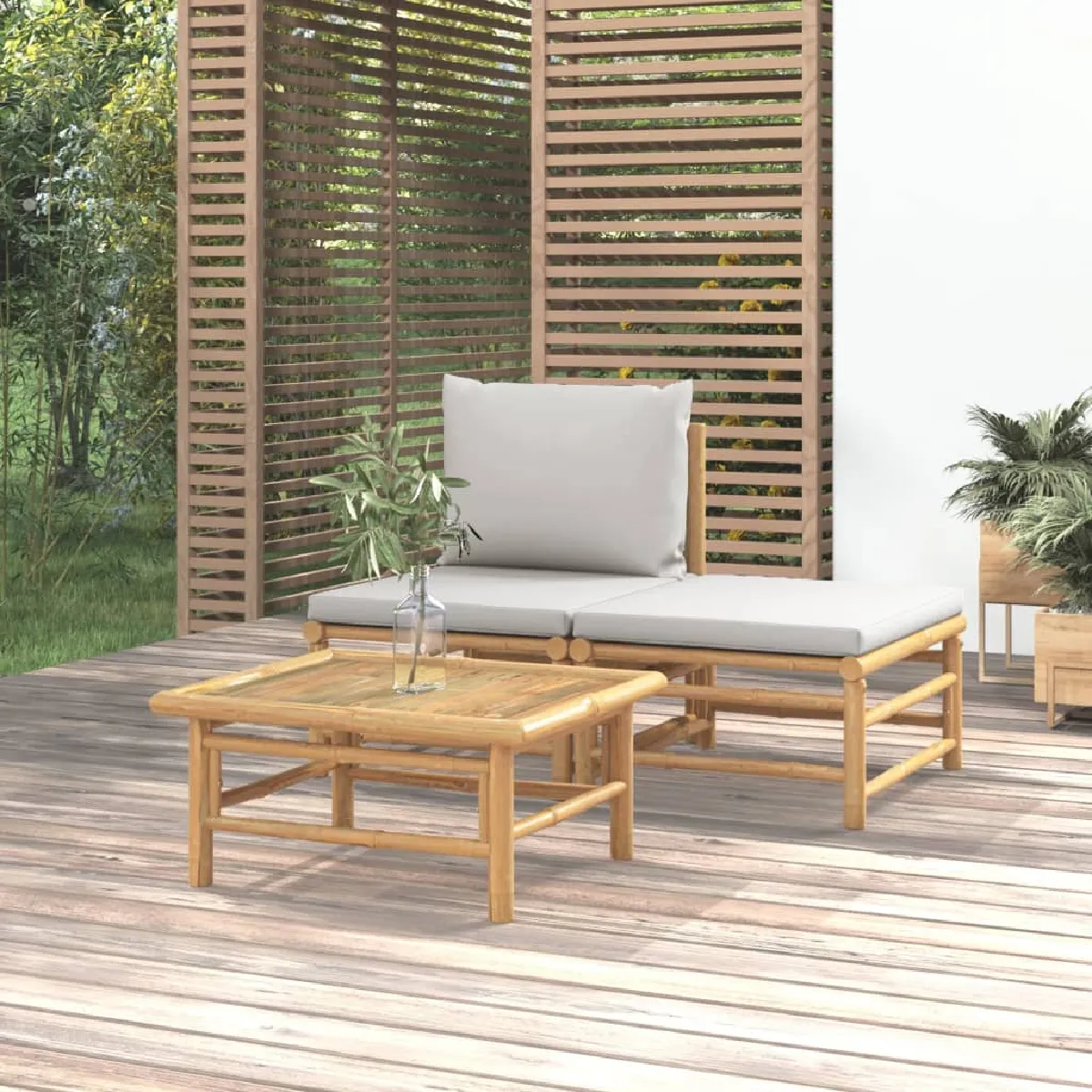 vidaXL Salon de jardin 3 pcs avec coussins Bambou - vue 2