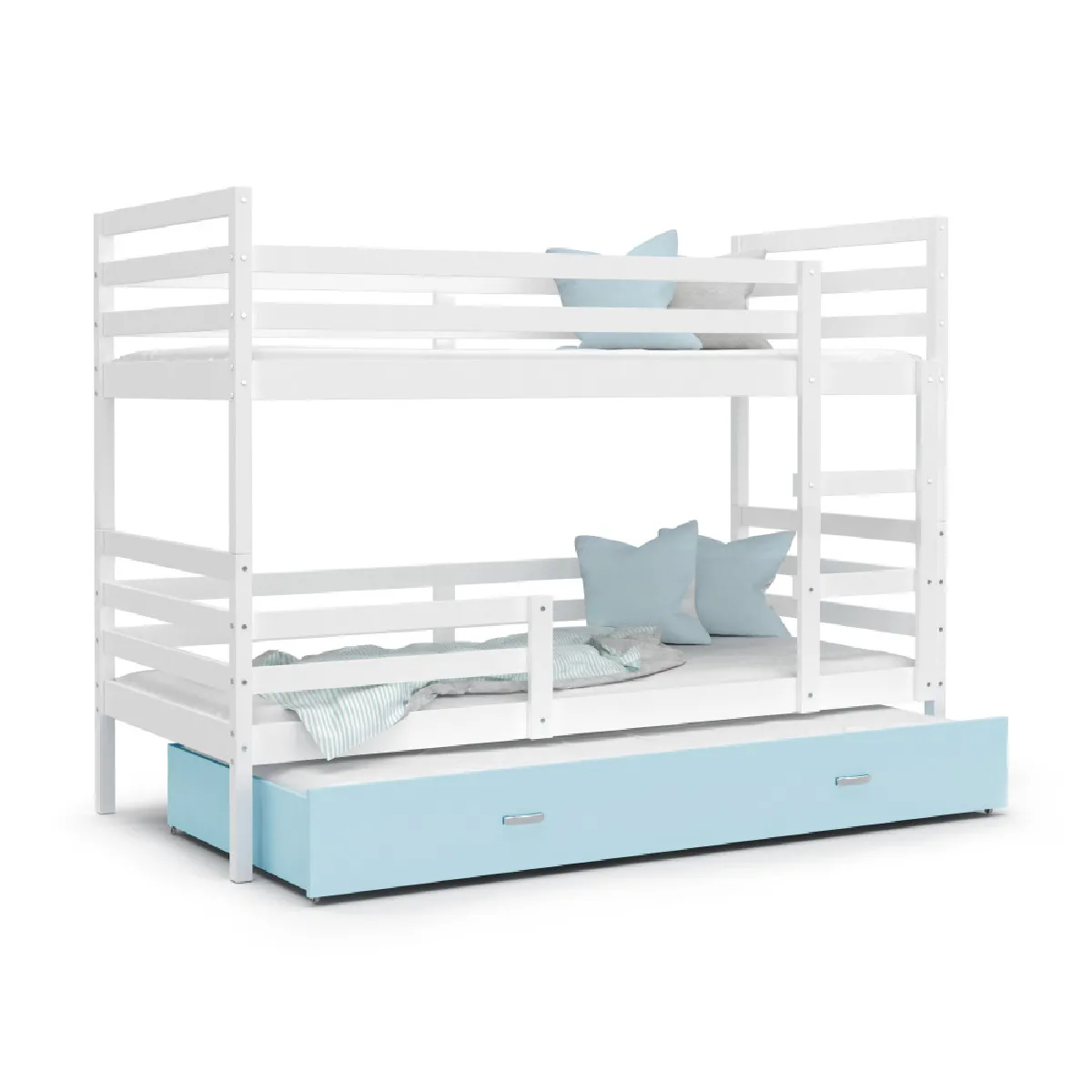 Lit Superposé 3 Places Milo 90x190 gigogne + matelas Blanc - bleu