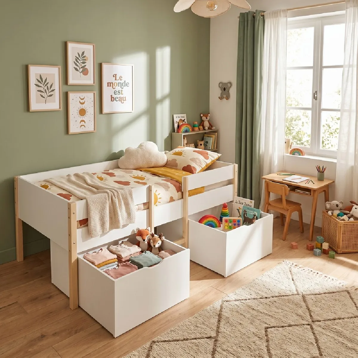 Lit mi-hauteur ZEPHIR 90x190 + 2 grands tiroirs + sommier / Blanc & vernis naturel