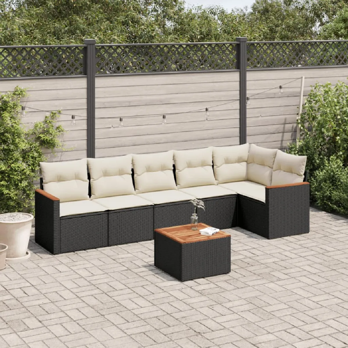 Salon de jardin vidaXL 7 pièces Résine tressée Coussins noirs - vue 2