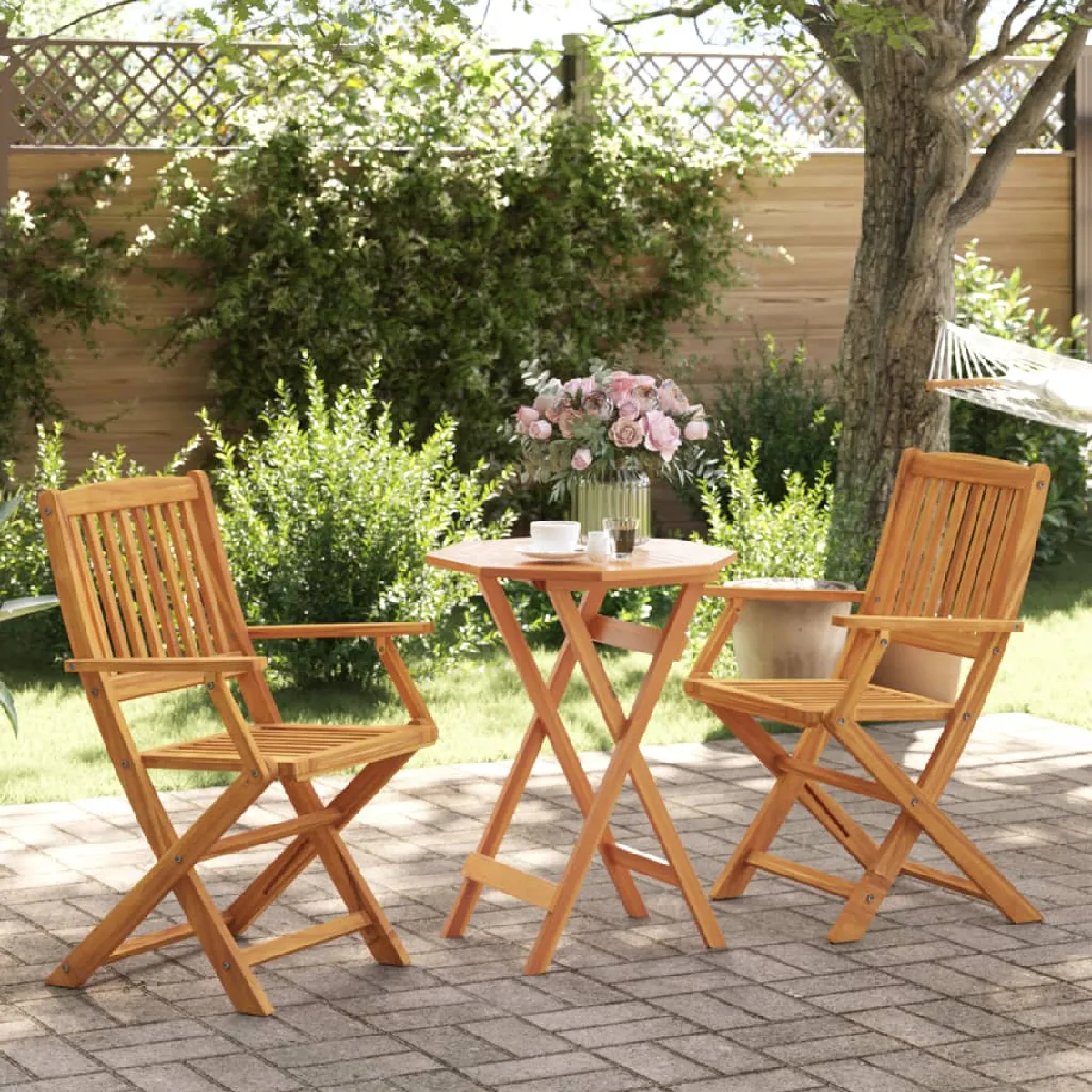 vidaXL Ensemble de bistro pliable 3 pcs bois d'acacia solide ensemble de bistrot de jardin ensemble de balcon ensemble de - vue 3