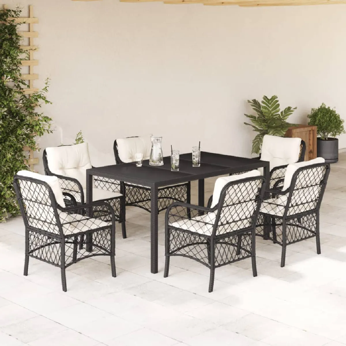 vidaXL Ensemble à Manger de Jardin 7 pcs Noir Résine Tressée