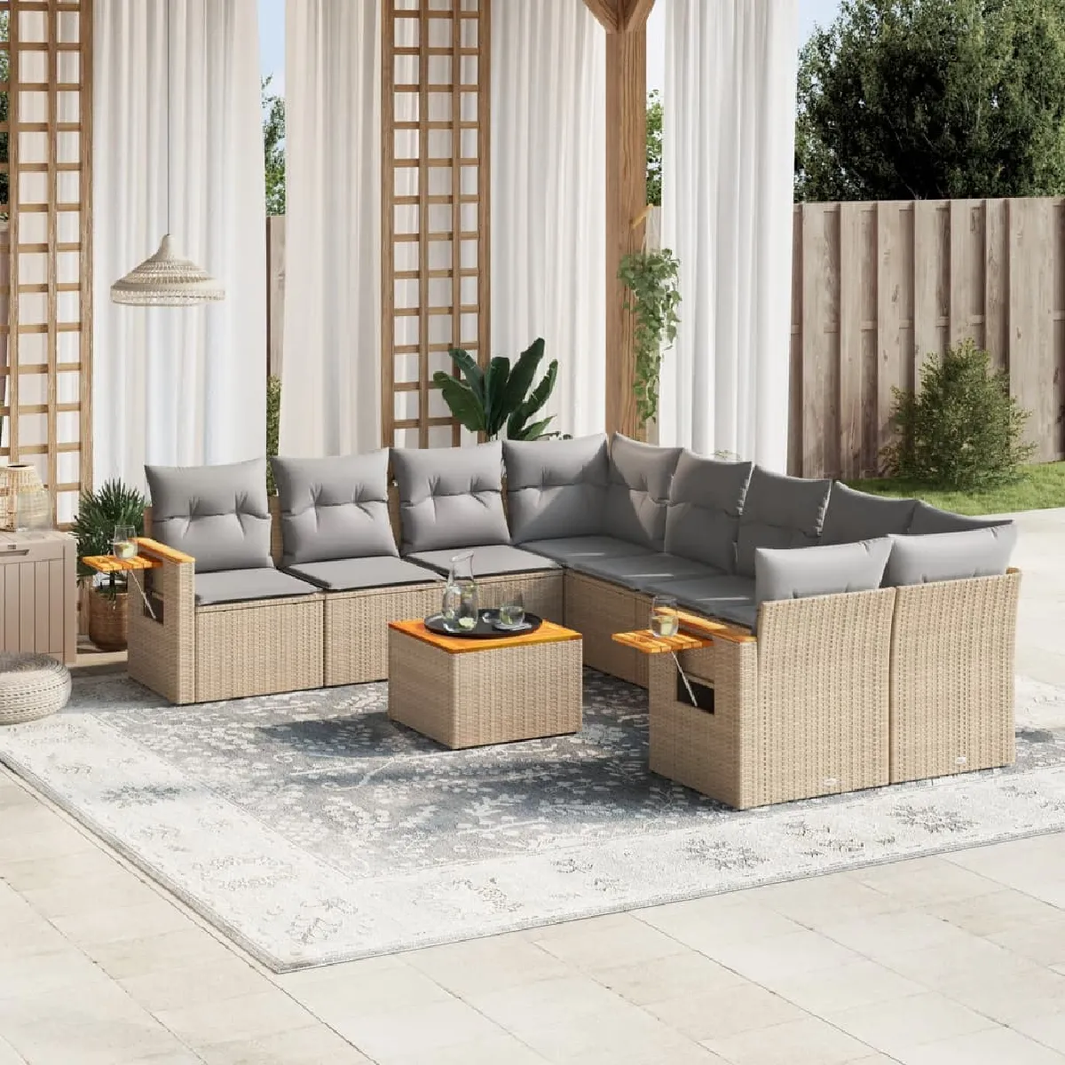 VIDAXL  salon de jardin avec coussins 9 pcs beige r&eacute;sine tress&eacute;e