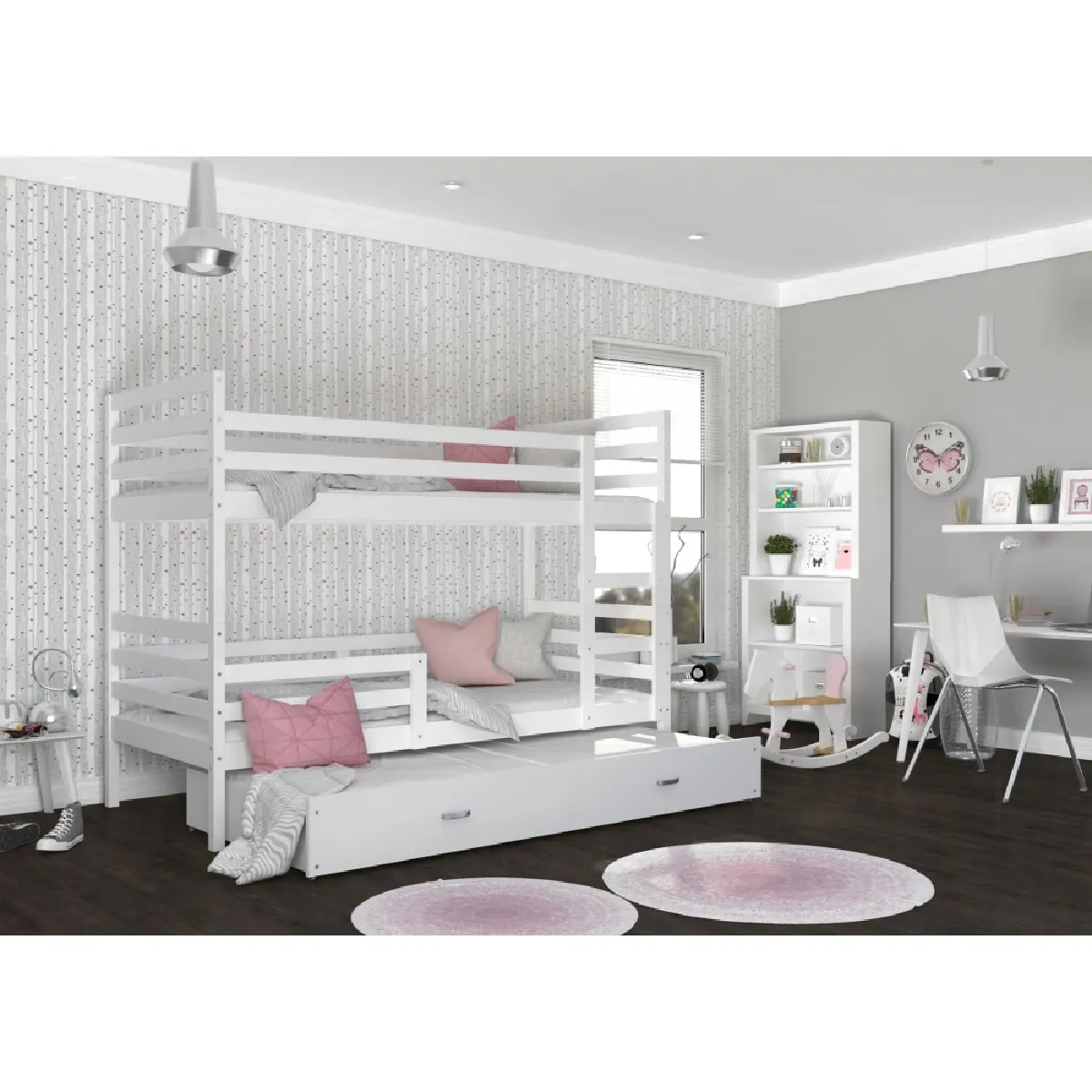 Lit Superposé 3 Places Milo 90x190 gigogne + matelas Blanc - blanc