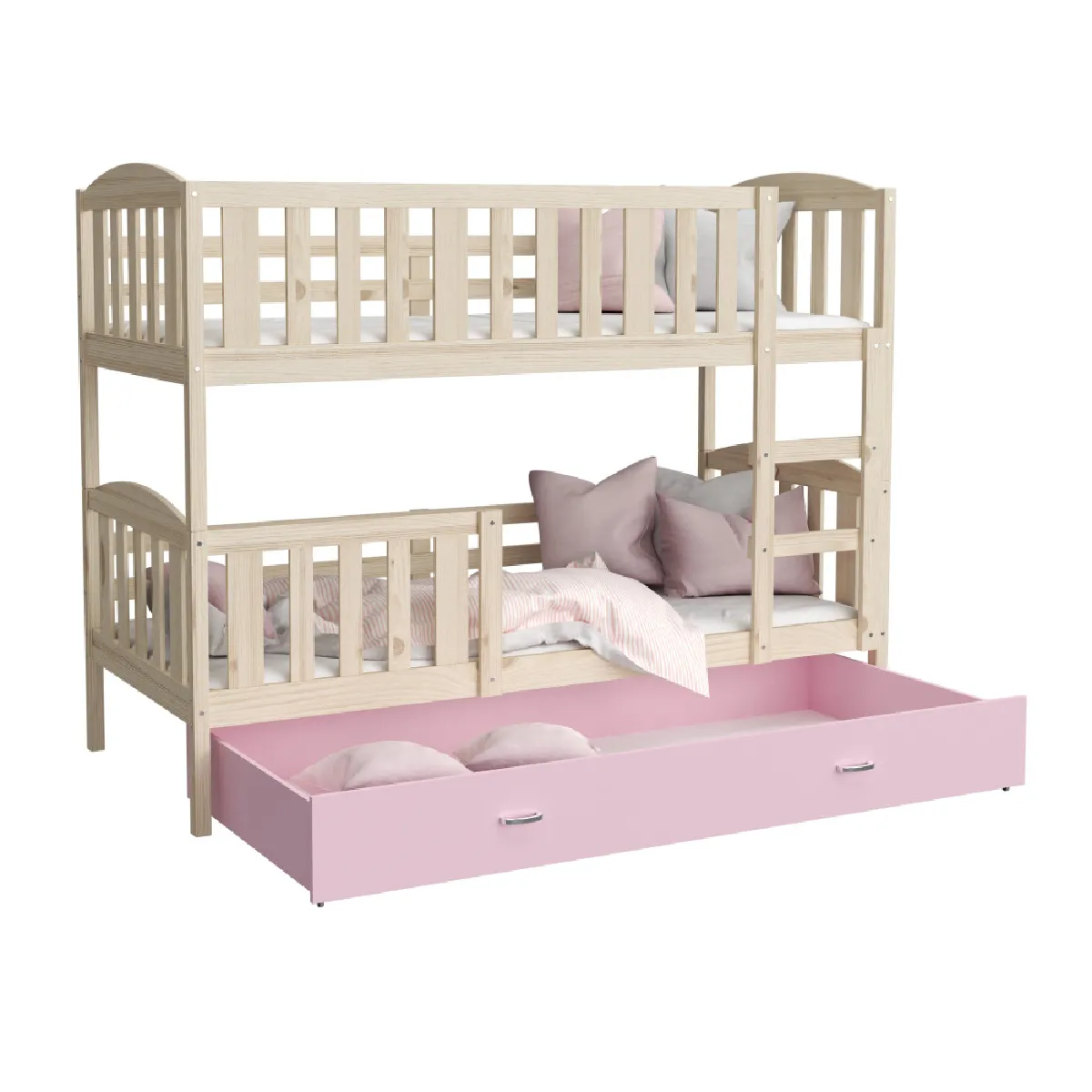 Lit Superposé 3 Places Teo 90x190 gigogne + matelas Pin - rose