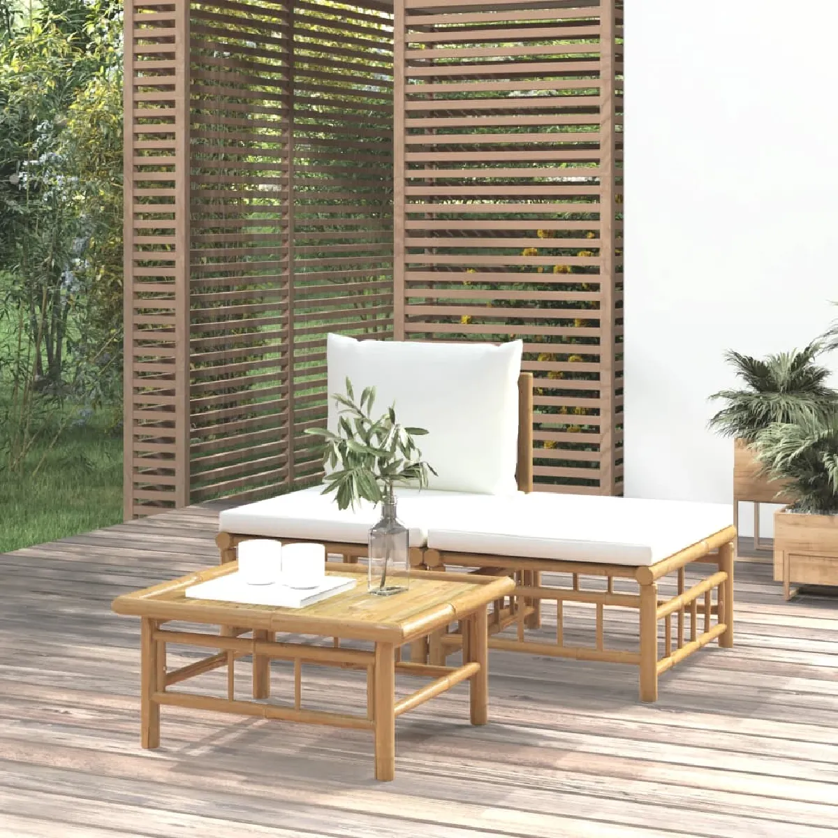 vidaXL Salon de jardin 3 pcs avec coussins crème - vue 5