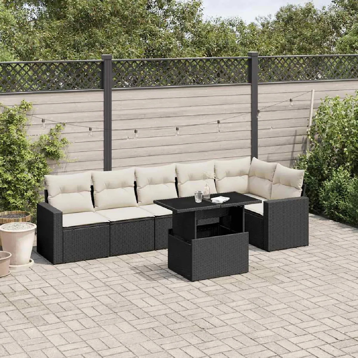 vidaXL Salon de jardin 7 pcs avec coussins - Noir