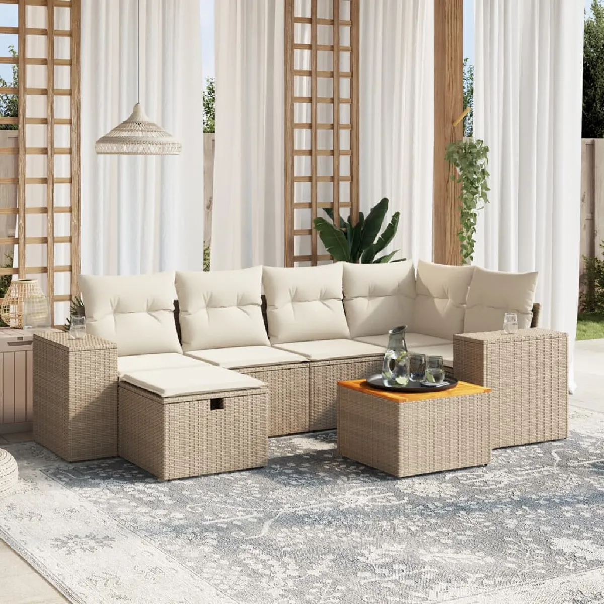 Non Communiqué Beige Vidaxl Salon De Jardin Modulable 7 Pièces - Rotin - 6 Personnes - Table Fixe - Image 3
