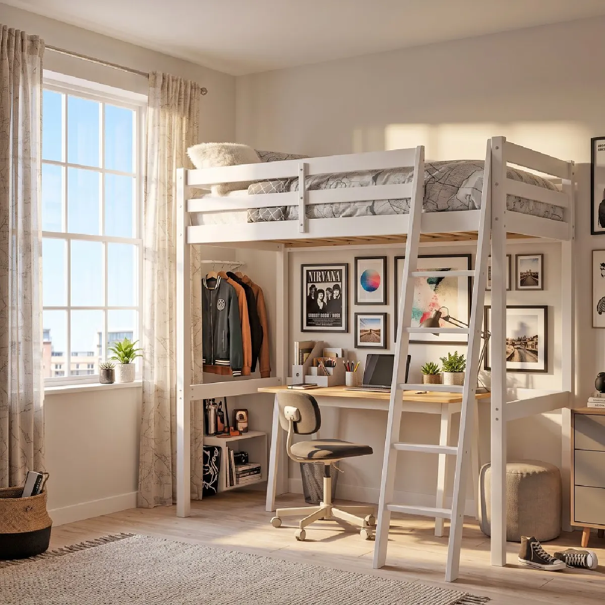 Lit mezzanine STUDIO 90x190 + 1 sommier / Blanc Lit mezzanine STUDIO 90x190 + 1 sommier / Blanc