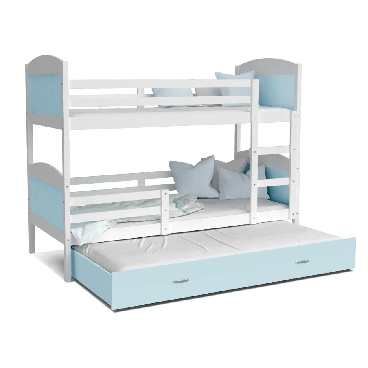 Lit Superposé 3 Places Mateo 90x190 gigogne + matelas Blanc - bleu
