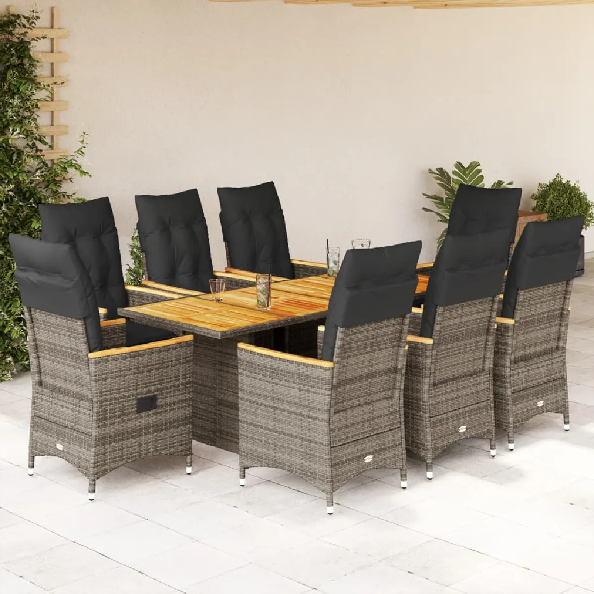 vidaXL Ensemble à manger de jardin 9 pcs - Coussins gris résine tressée