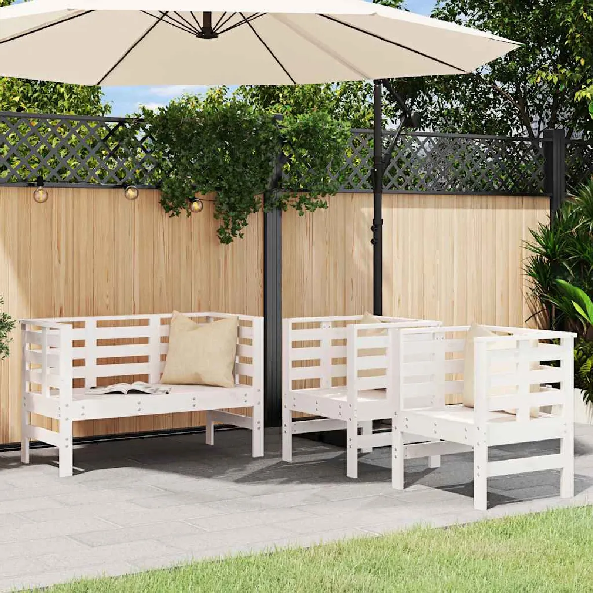 Vidaxl Blanc Salon De Jardin Bois Massif 3 Pieces 4 Personnes - Image 3