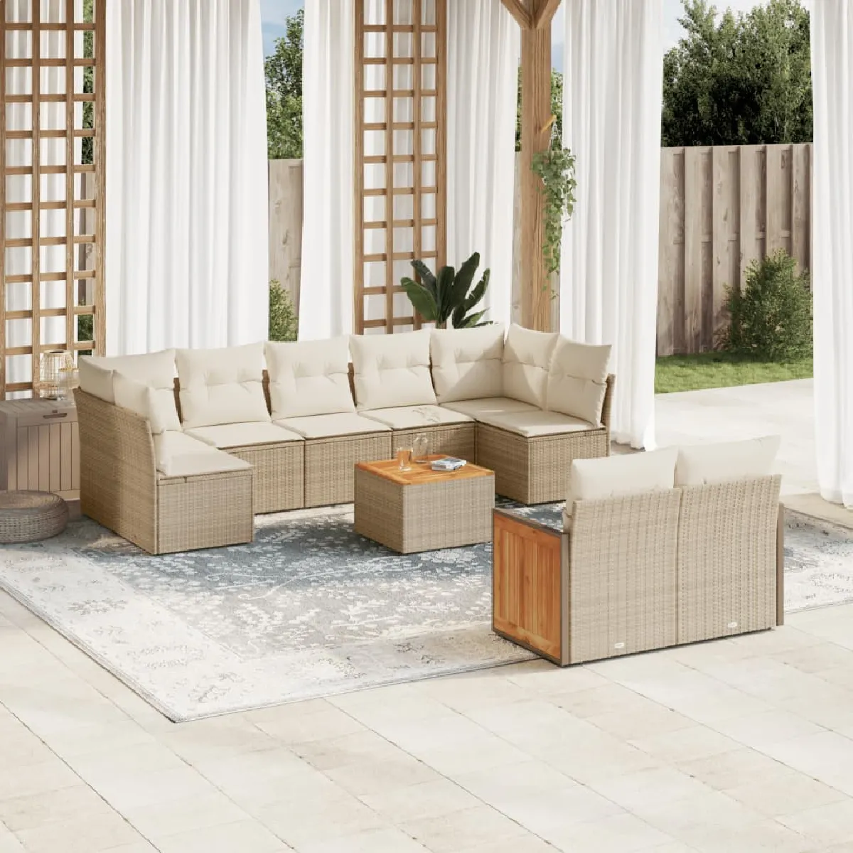 Salon de jardin avec coussins 10 pcs beige r&eacute;sine tress&eacute;e 3227976