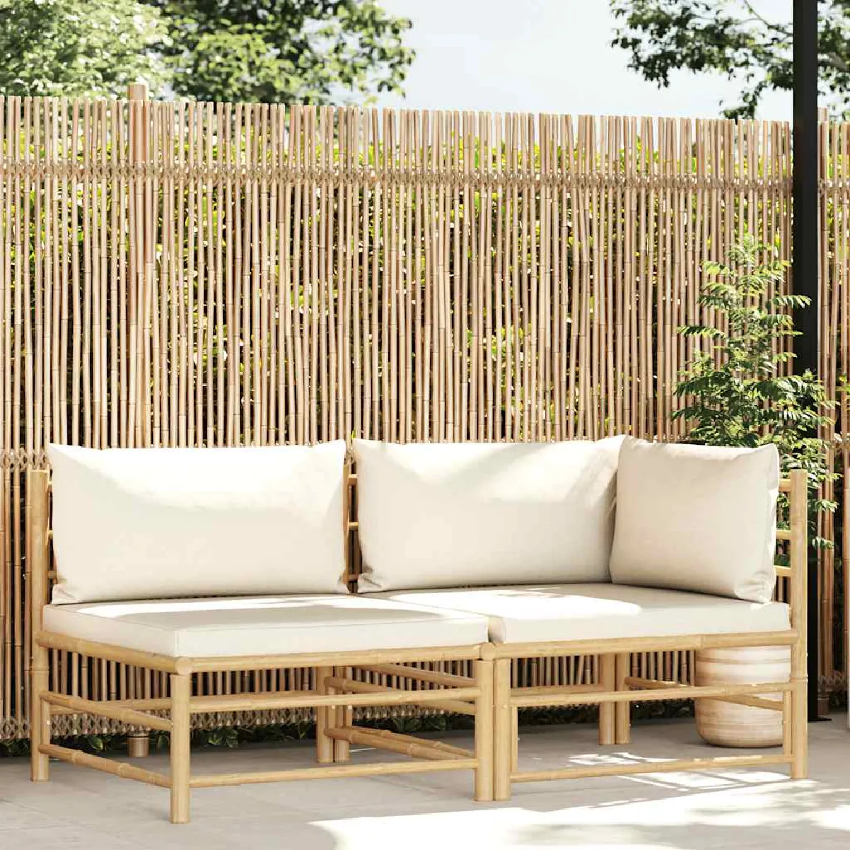 Salon de jardin vidaXL 2 pcs Bambou Coussins crème Contemporain - vue 2