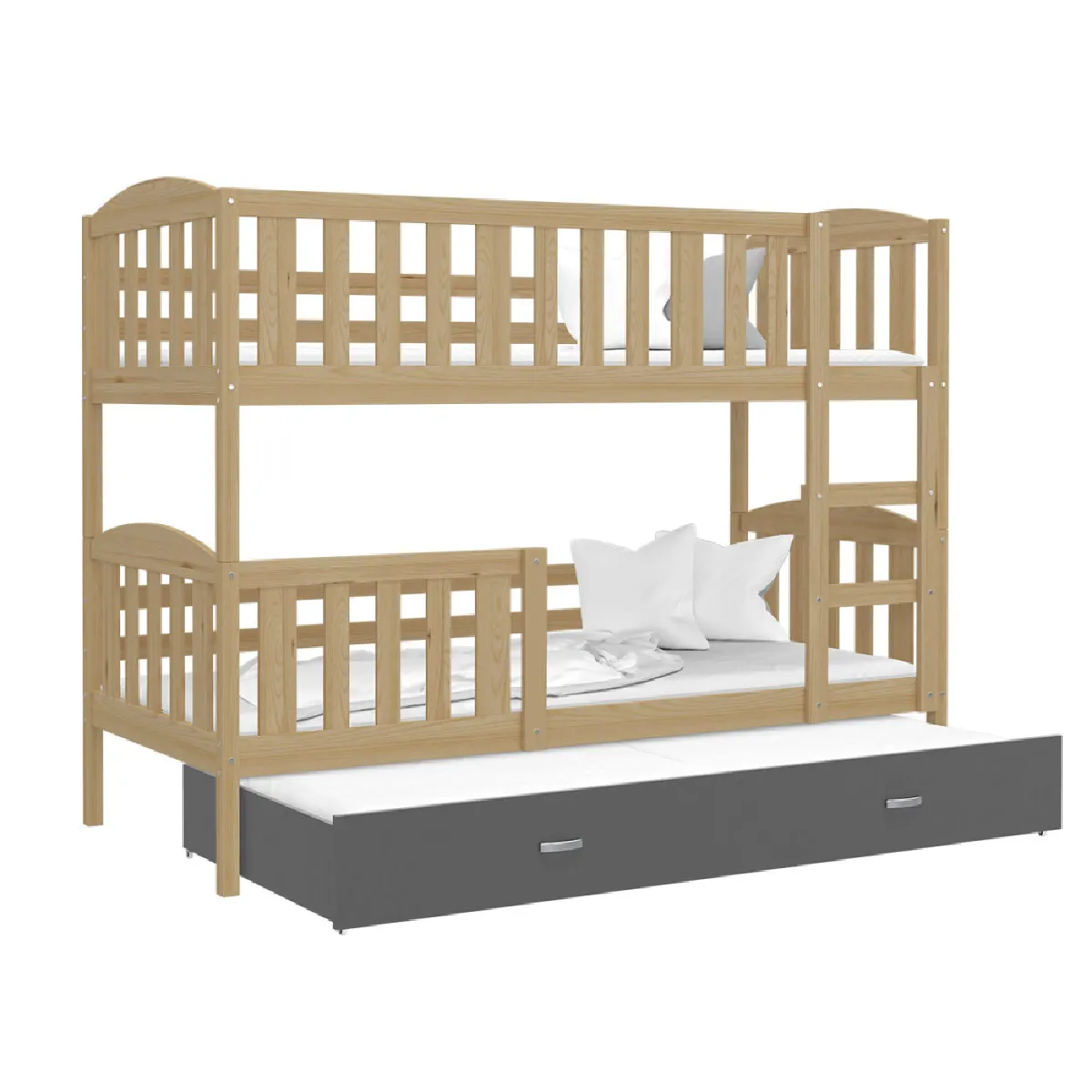 Lit Superposé 3 Places Teo 90x190 gigogne + matelas Pin - gris