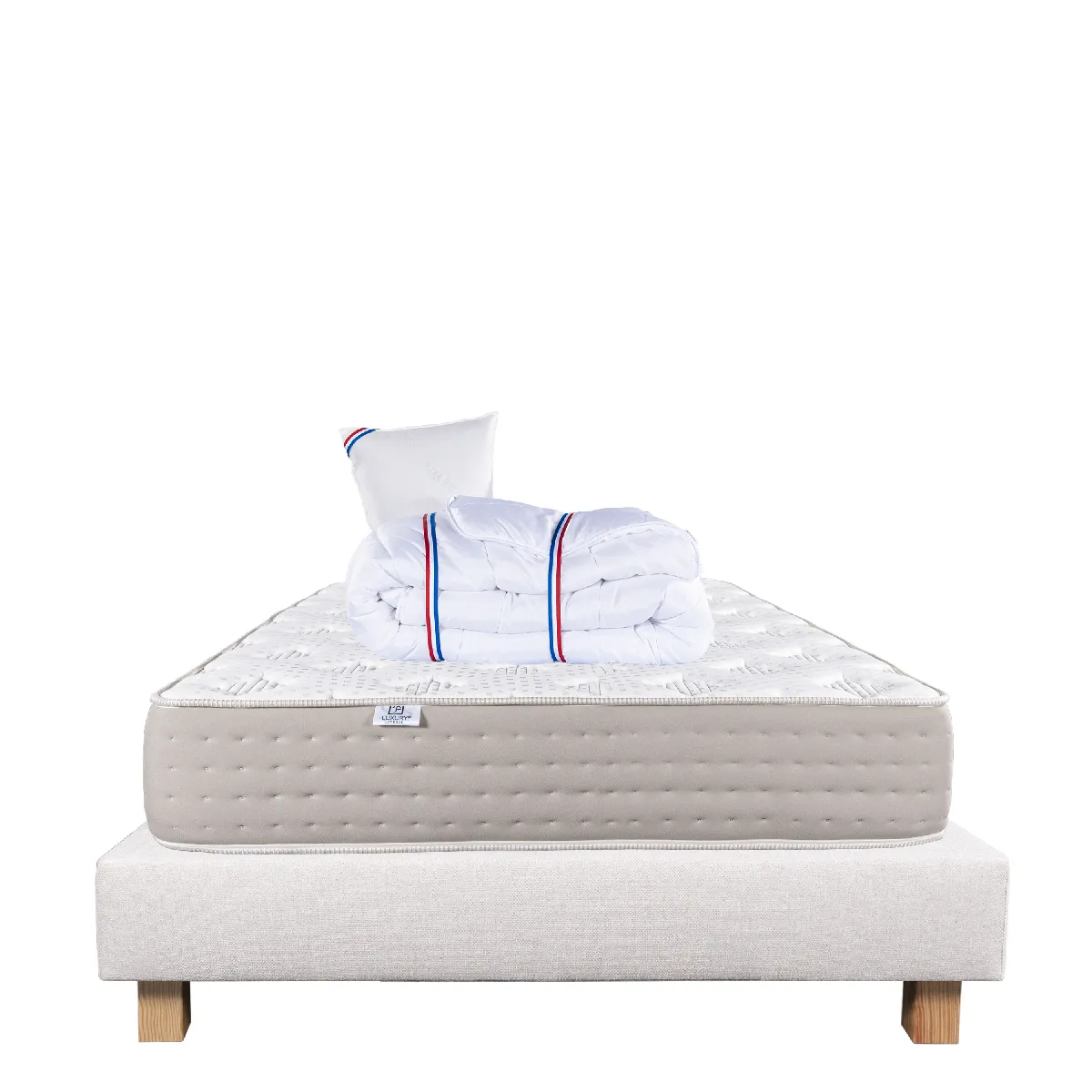 Ensemble Dreamlux 90x190 + sommier beige + couette + oreiller