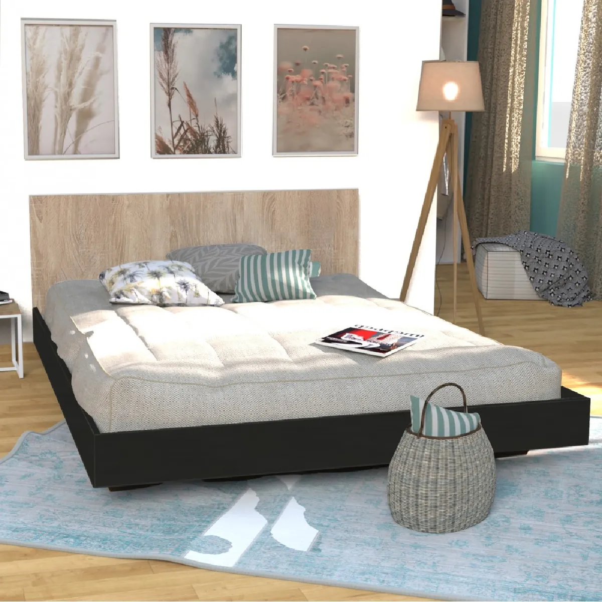 Lit LOFT 160x200 + 1 sommier + tête de lit / Décor Noir & chêne blanchi