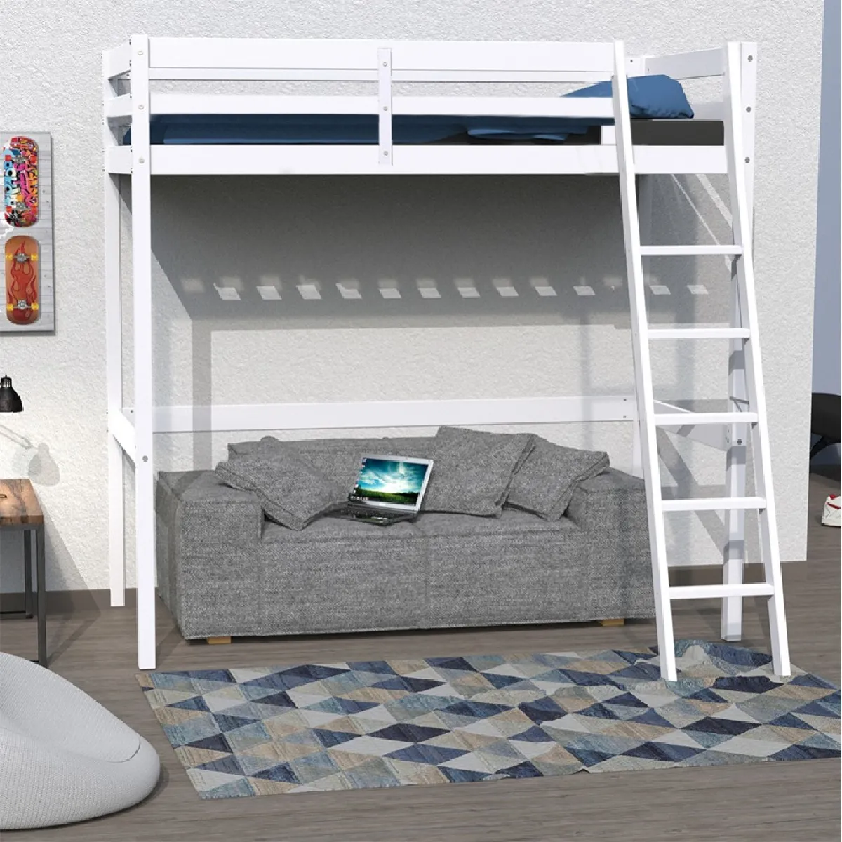 Lit mezzanine STUDIO 140x190 + 1 sommier / Blanc Lit mezzanine STUDIO 140x190 + 1 sommier / Blanc