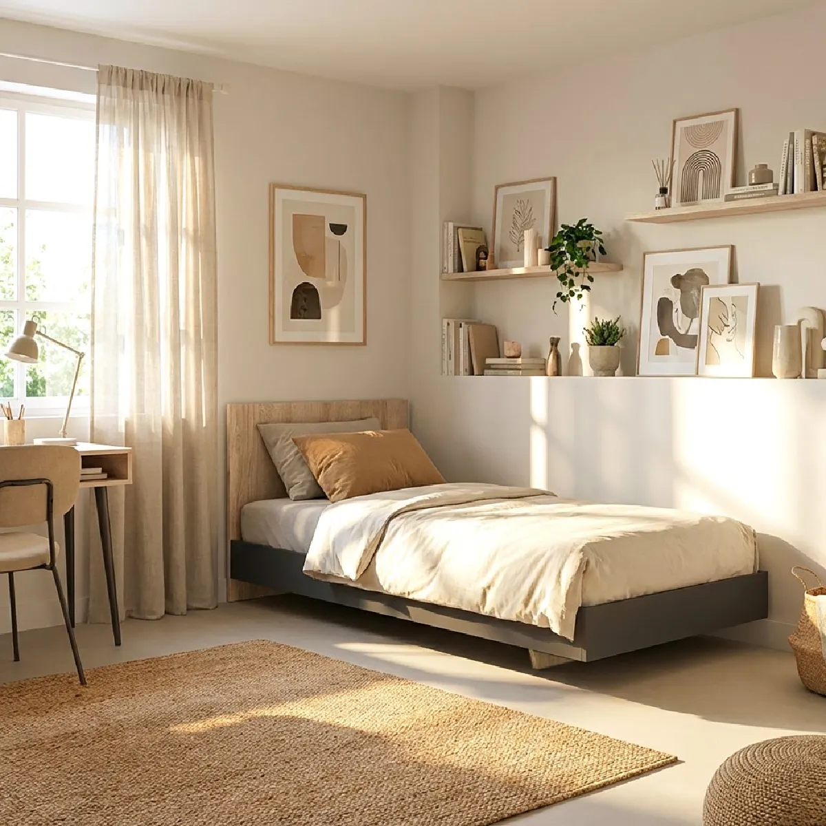 Lit LOFT 90x190 cm + sommier / Décor Noir & chêne blanchi